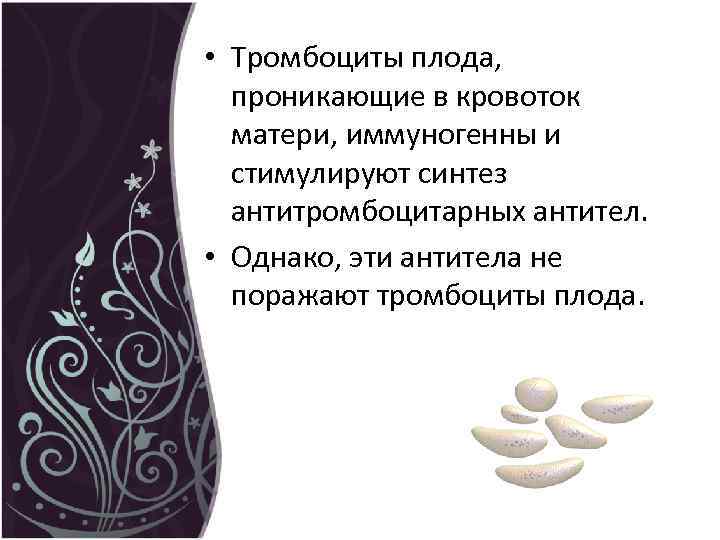  • Тромбоциты плода, проникающие в кровоток матери, иммуногенны и стимулируют синтез антитромбоцитарных антител.