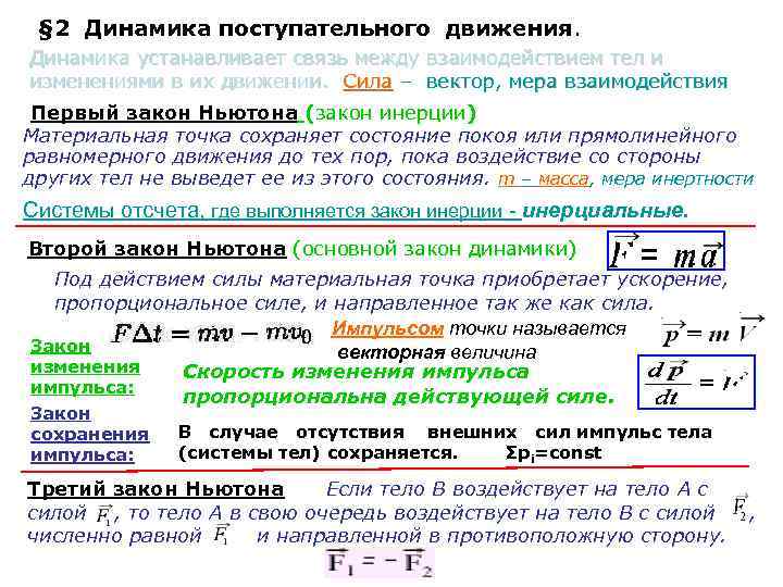 Динамика поступательного движения. Закон динамики поступательного движения. Формулировка основного закона динамики поступательного движения. Второй закон Ньютона для поступательного движения. 2 Закон Ньютона основной закон динамики поступательного движения.