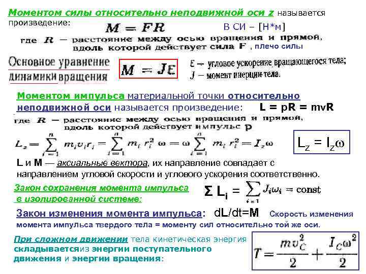 Моментом силы относительно неподвижной оси z называется произведение: В СИ – [Н*м] , плечо