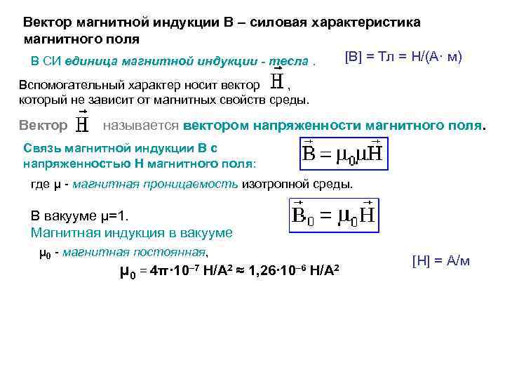 Вектор магнитной индукции В – силовая характеристика магнитного поля [B] = Тл = Н/(А·