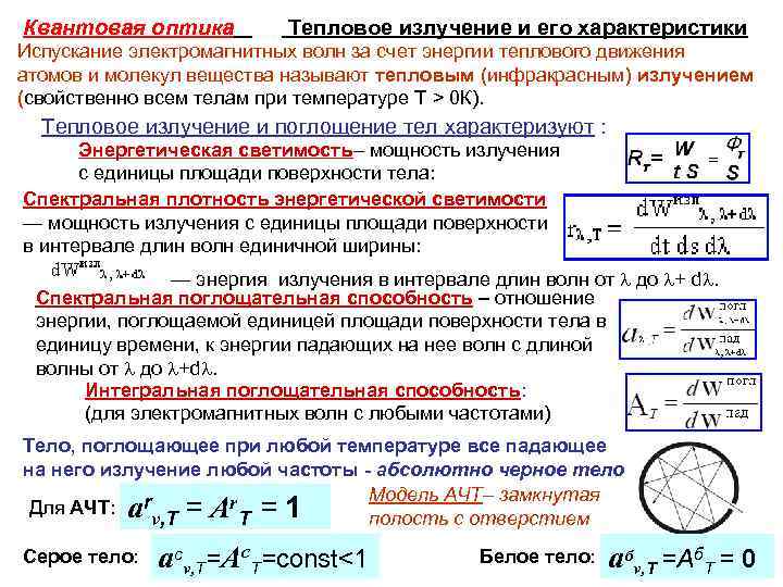 Квантовая оптика Тепловое излучение и его характеристики Испускание электромагнитных волн за счет энергии теплового