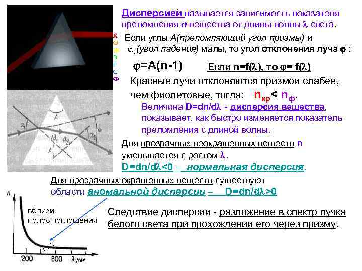 Дисперсией называется зависимость показателя преломления n вещества от длины волны света. К О Ж