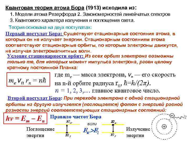 Квантовая теория атома Бора (1913) исходила из: 1. Модели атома Резерфорда 2. Закономерностей линейчатых