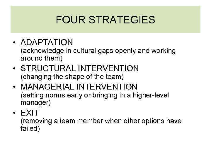 FOUR STRATEGIES • ADAPTATION (acknowledge in cultural gaps openly and working around them) •