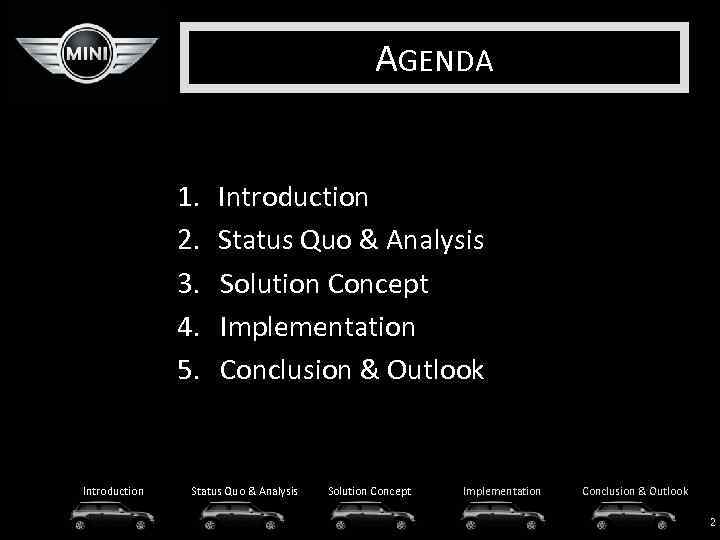 AGENDA 1. 2. 3. 4. 5. Introduction Status Quo & Analysis Solution Concept Implementation
