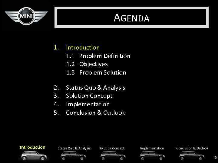 AGENDA 1. Introduction 1. 1 Problem Definition 1. 2 Objectives 1. 3 Problem Solution