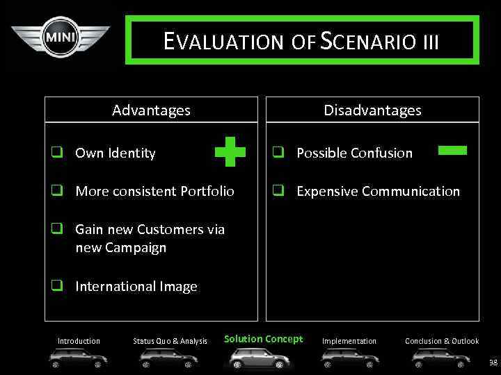 EVALUATION OF SCENARIO III Advantages Disadvantages q Own Identity q Possible Confusion q More