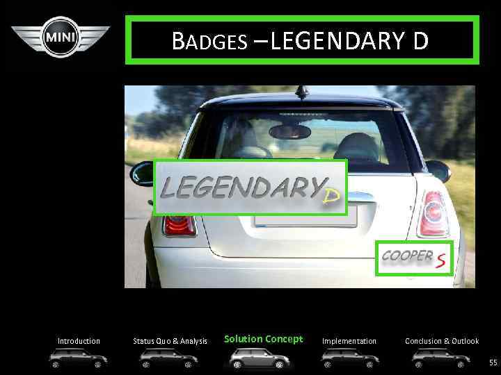 BADGES – LEGENDARY D Introduction Status Quo & Analysis Solution Concept Implementation Conclusion &