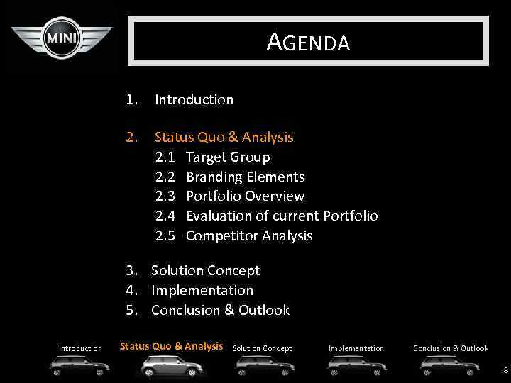 AGENDA 1. 2. Introduction Status Quo & Analysis 2. 1 Target Group 2. 2