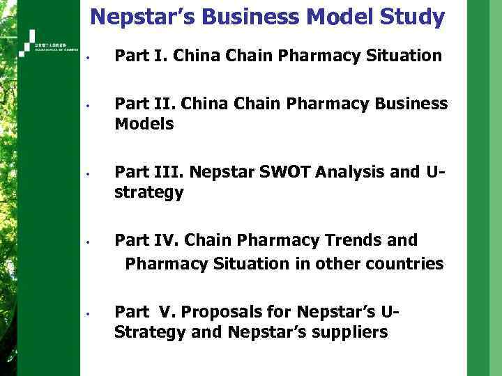 Nepstar’s Business Model Study • • • Part I. China Chain Pharmacy Situation Part