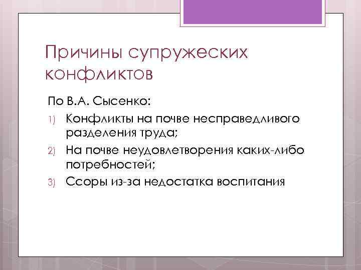 Причины супружеских конфликтов По В. А. Сысенко: 1) Конфликты на почве несправедливого разделения труда;