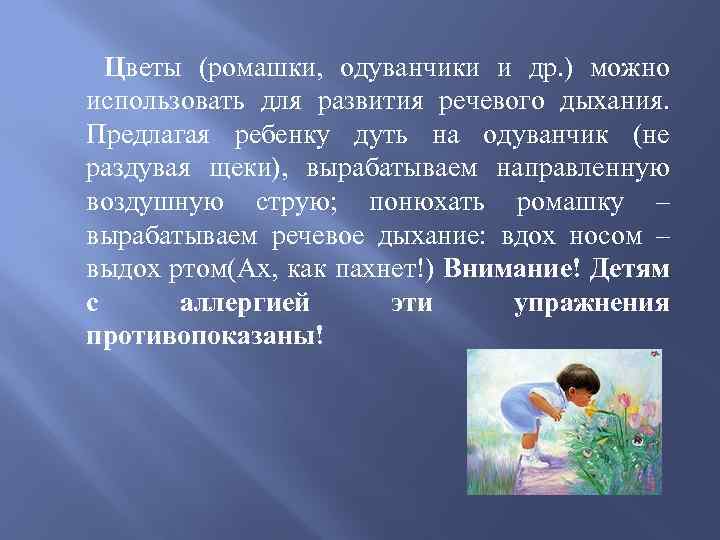 Цветы (ромашки, одуванчики и др. ) можно использовать для развития речевого дыхания. Предлагая ребенку