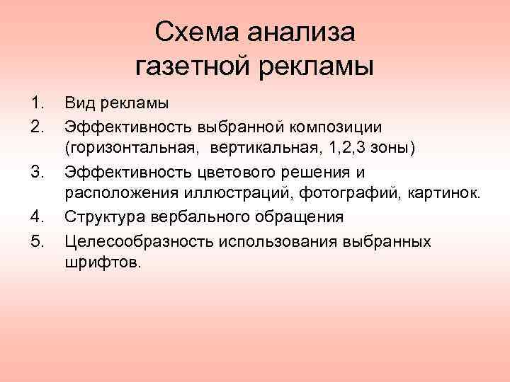 Схема анализа газетной рекламы 1. 2. 3. 4. 5. Вид рекламы Эффективность выбранной композиции