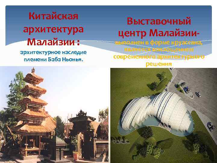 Китайская архитектура Малайзии : архитектурное наследие племени Баба Ньонья. Выставочный центр Малайзии- выполнен в