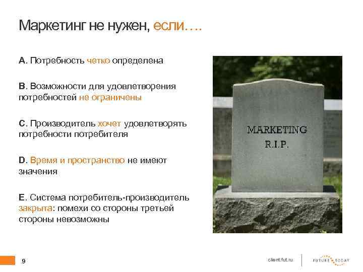 Маркетинг не нужен, если…. A. Потребность четко определена B. Возможности для удовлетворения потребностей не