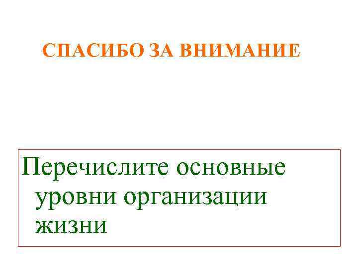 СПАСИБО ЗА ВНИМАНИЕ Перечислите основные уровни организации жизни 