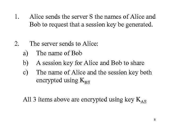 1. 2. Alice sends the server S the names of Alice and Bob to