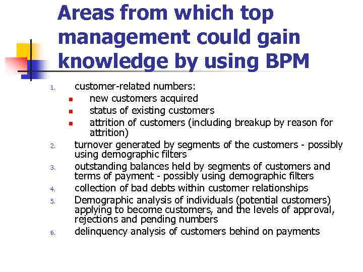 Areas from which top management could gain knowledge by using BPM 1. 2. 3.