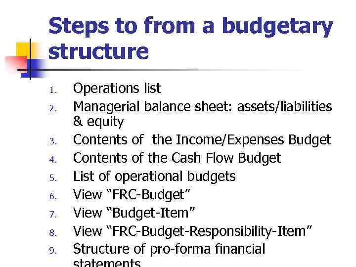 Steps to from a budgetary structure 1. 2. 3. 4. 5. 6. 7. 8.