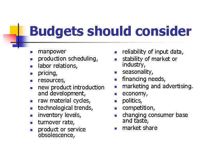 Budgets should consider n n n manpower production scheduling, labor relations, pricing, resources, new