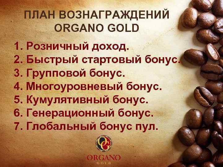 ПЛАН ВОЗНАГРАЖДЕНИЙ ORGANO GOLD 1. Розничный доход. 2. Быстрый стартовый бонус. 3. Групповой бонус.