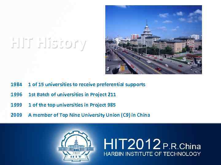 HIT History 1984 1 of 15 universities to receive preferential supports 1996 1 st