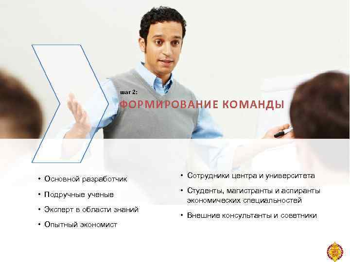 шаг 2: ФОРМИРОВАНИЕ КОМАНДЫ • Основной разработчик • Сотрудники центра и университета • Подручные