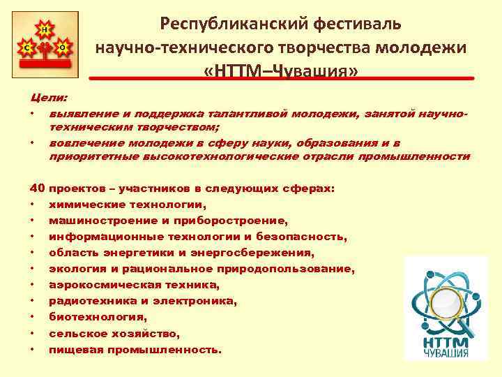 Республиканский фестиваль научно-технического творчества молодежи «НТТМ–Чувашия» Цели: • выявление и поддержка талантливой молодежи, занятой