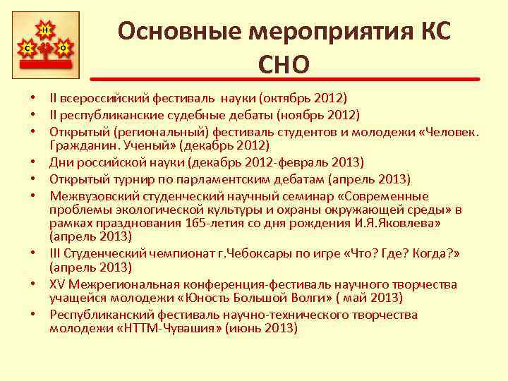Основные мероприятия КС СНО • II всероссийский фестиваль науки (октябрь 2012) • II республиканские