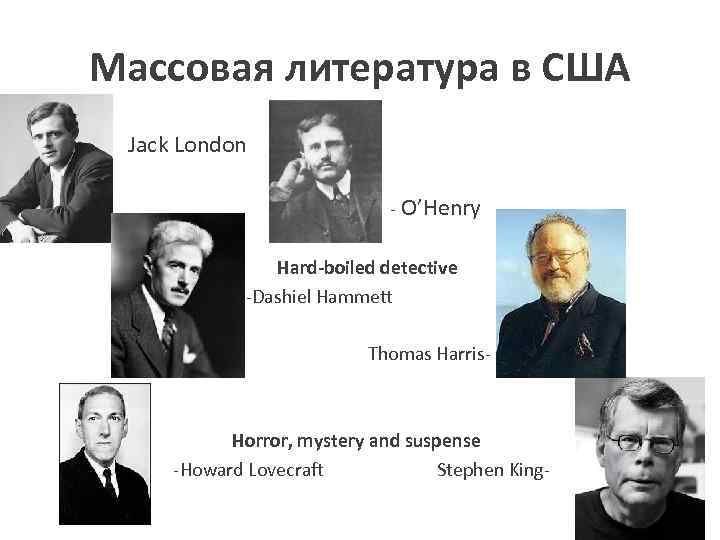 Массовая литература в США Jack London - O’Henry Hard-boiled detective -Dashiel Hammett Thomas Harris-