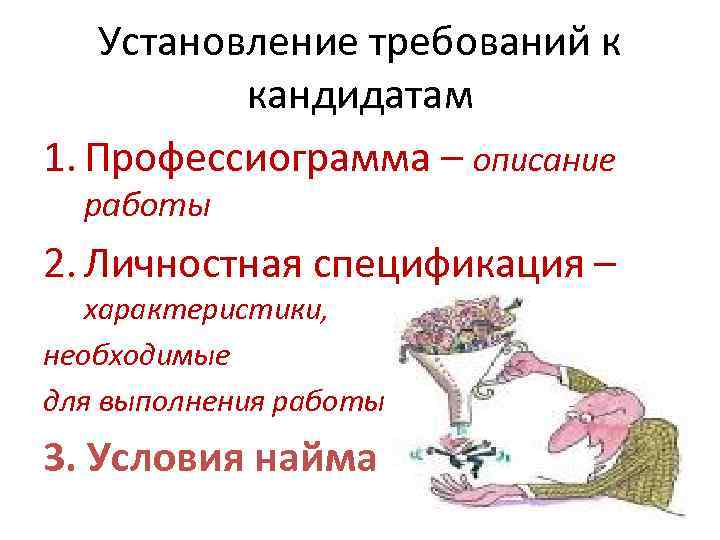 Установление требований к кандидатам 1. Профессиограмма – описание работы 2. Личностная спецификация – характеристики,
