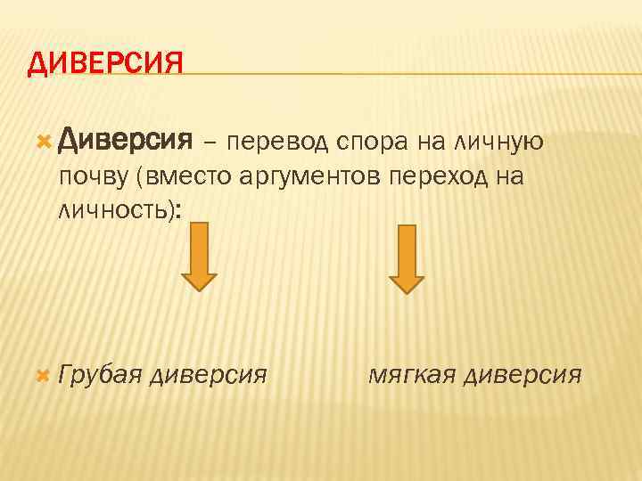 ДИВЕРСИЯ Диверсия – перевод спора на личную почву (вместо аргументов переход на личность): Грубая