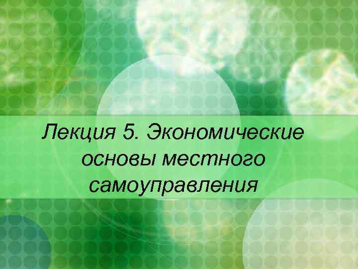 Лекция 5. Экономические основы местного самоуправления 