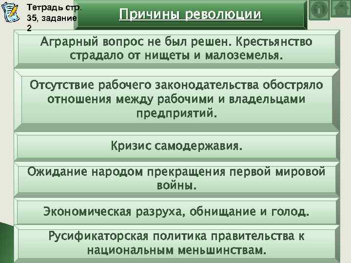 Тетрадь стр. 35, задание 2 Причины революции Аграрный вопрос не был решен. Крестьянство страдало