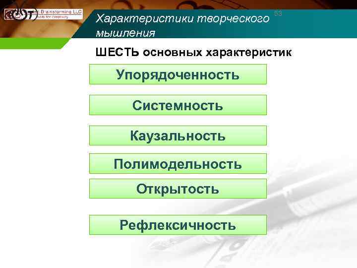Характеристики творческого мышления 53 ШЕСТЬ основных характеристик Упорядоченность Системность Каузальность Полимодельность Открытость Рефлексичность 
