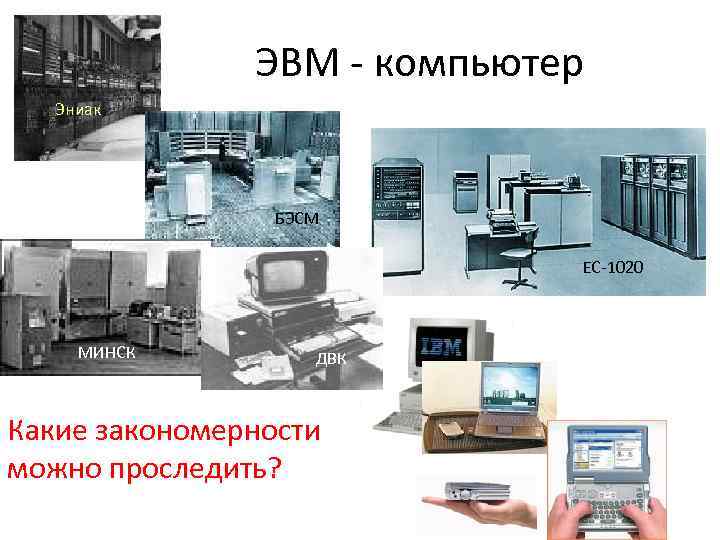 ЭВМ - компьютер Эниак БЭСМ ЕС-1020 МИНСК ДВК Какие закономерности можно проследить? 