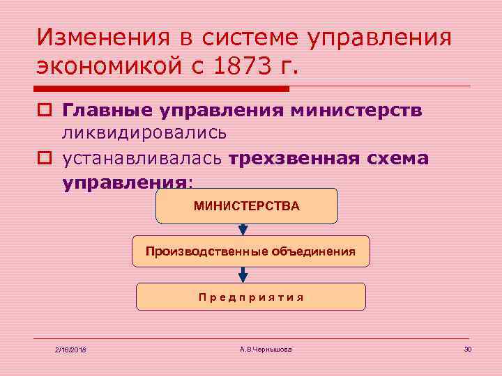 Изменения в системе управления экономикой с 1873 г. o Главные управления министерств ликвидировались o