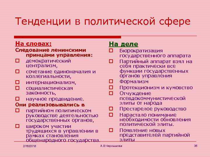 Тенденции в политической сфере На словах: Следование ленинскими принцами управления: o демократический централизм, o