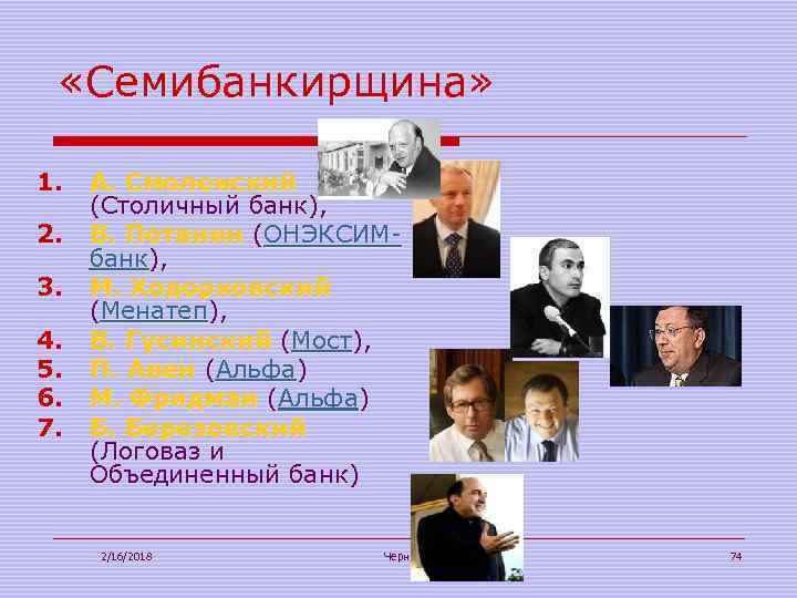  «Семибанкирщина» 1. 2. 3. 4. 5. 6. 7. А. Смоленский (Столичный банк), В.