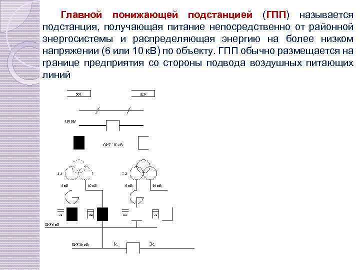 Главной понижающей подстанцией (ГПП) называется подстанция, получающая питание непосредственно от районной энергосистемы и распределяющая