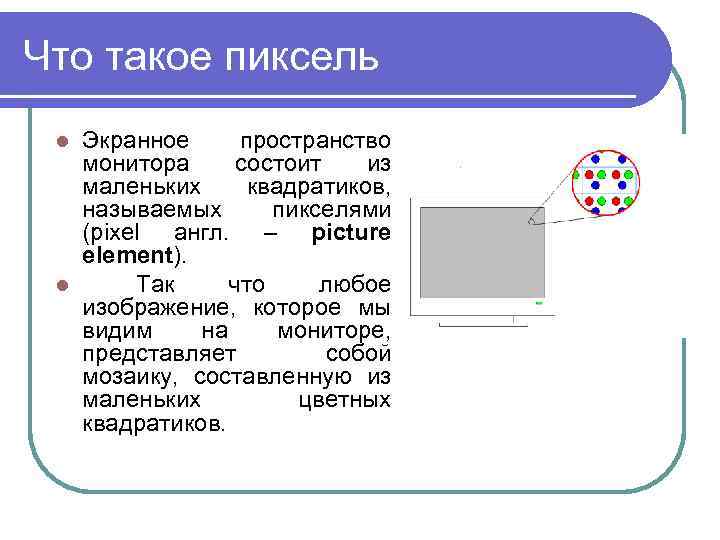 Что такое пиксель Экранное пространство монитора состоит из маленьких квадратиков, называемых пикселями (pixel англ.