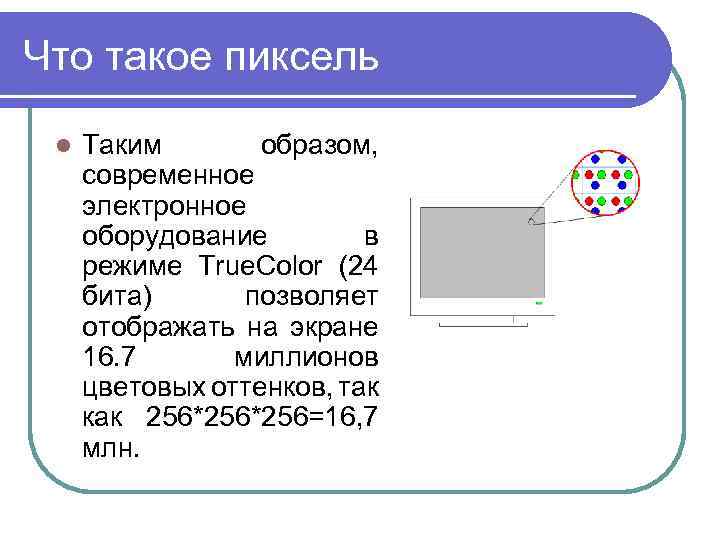 Что такое пиксель l Таким образом, современное электронное оборудование в режиме True. Color (24