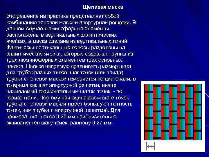 Щелевая маска Это решение на практике представляет собой комбинацию теневой маски и апертурной решетки.