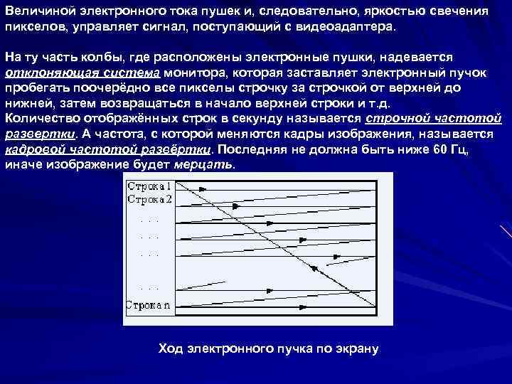  Величиной электронного тока пушек и, следовательно, яркостью свечения пикселов, управляет сигнал, поступающий с