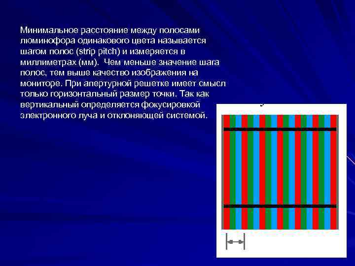Минимальное расстояние между полосами люминофора одинакового цвета называется шагом полос (strip pitch) и измеряется