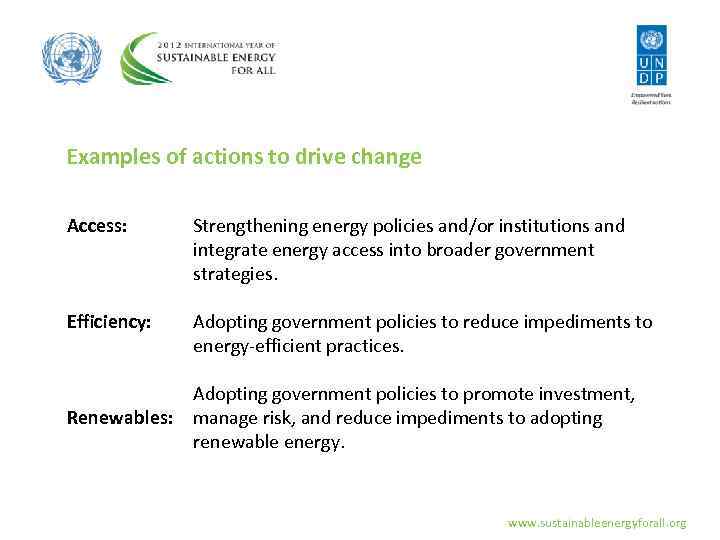Examples of actions to drive change Access: Strengthening energy policies and/or institutions and integrate