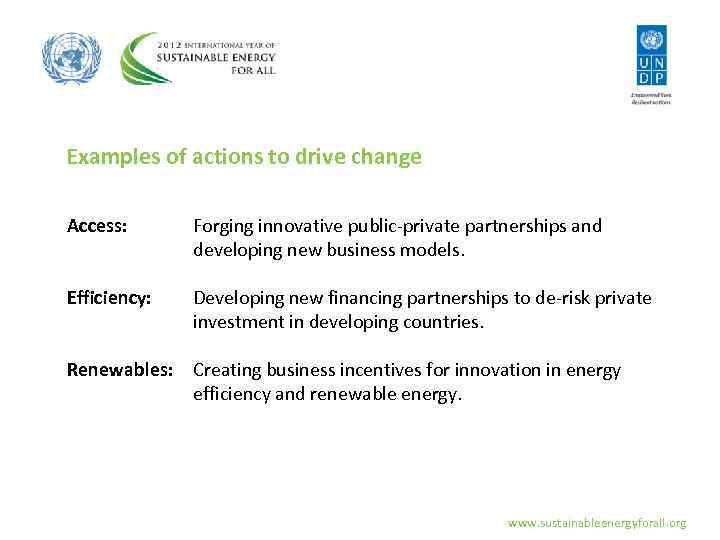 Examples of actions to drive change Access: Forging innovative public-private partnerships and developing new