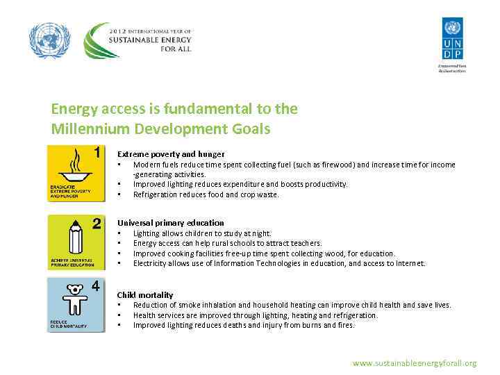 Energy access is fundamental to the Millennium Development Goals Extreme poverty and hunger •