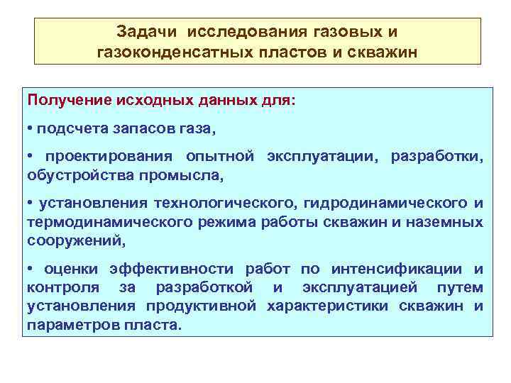 Задачи исследования газовых и газоконденсатных пластов и скважин Получение исходных данных для: • подсчета