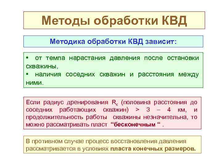 Методы обработки КВД Методика обработки КВД зависит: • от темпа нарастания давления после остановки